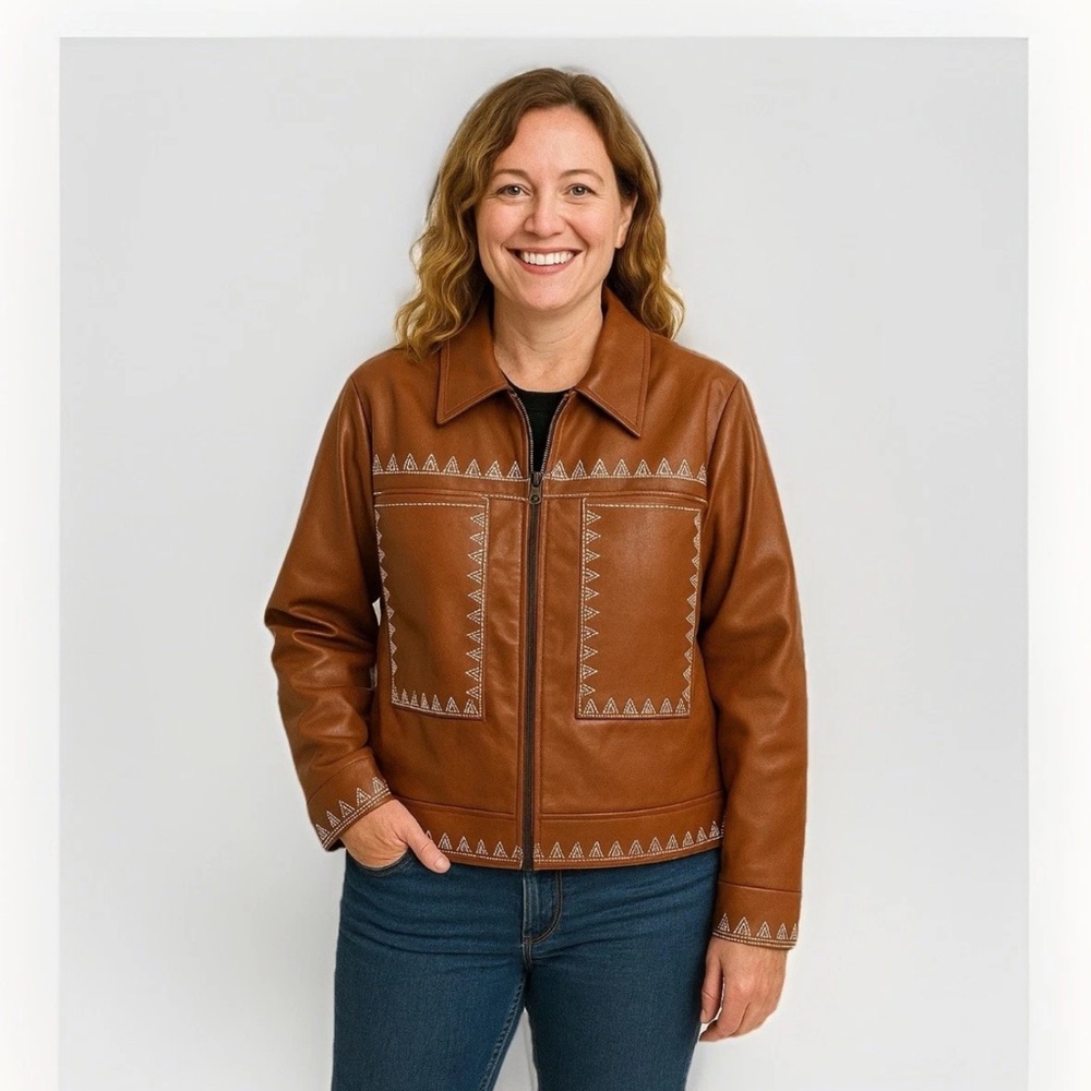 Angel + Premium Womens XL Brown Western Aztec Jacket White Embroidery Retro Boho